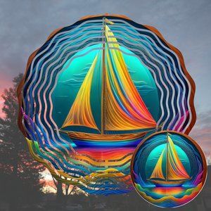 Beautiful 10" Sailboat Wind Spinner Windspinner w/ 2 Matching Coasters
